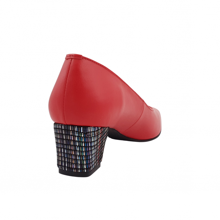 Pantofi dama eleganti, varf patrat, piele naturala, toc gros imbracat, rosu cu linii colorate, Sandali [2]