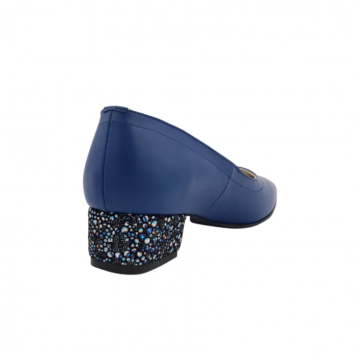Pantofi damă eleganți, vârf pătrat, piele naturală, toc mic gros îmbrăcat, albastru cu flori albastre, Sandali [2]