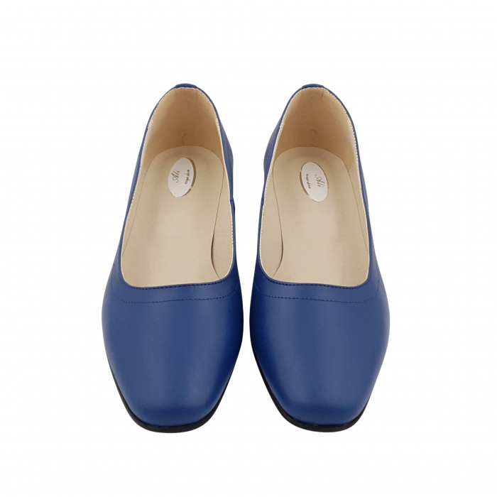 Pantofi damă eleganți, vârf pătrat, piele naturală, toc mic gros îmbrăcat, albastru cu flori albastre, Sandali [3]