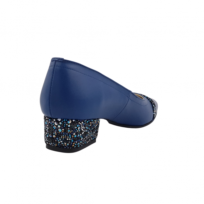 Pantofi damă eleganți, vârf pătrat, piele naturală, toc mic gros îmbrăcat, baretă, albastru cu flori albastre, Sandali [2]