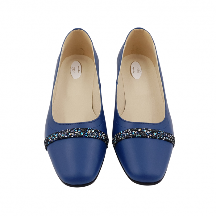 Pantofi damă eleganți, vârf pătrat, piele naturală, toc mic gros îmbrăcat, baretă, albastru cu flori albastre, Sandali [3]