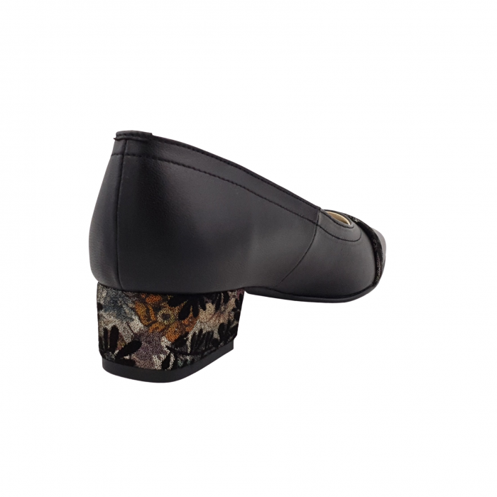 Pantofi damă eleganți, vârf pătrat, piele naturală, toc mic gros îmbrăcat, baretă, negru cu flori, Sandali [2]