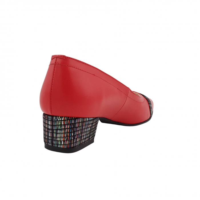 Pantofi damă eleganți, vârf pătrat, piele naturală, toc mic gros îmbrăcat, baretă, roșu cu linii colorate, Sandali [2]