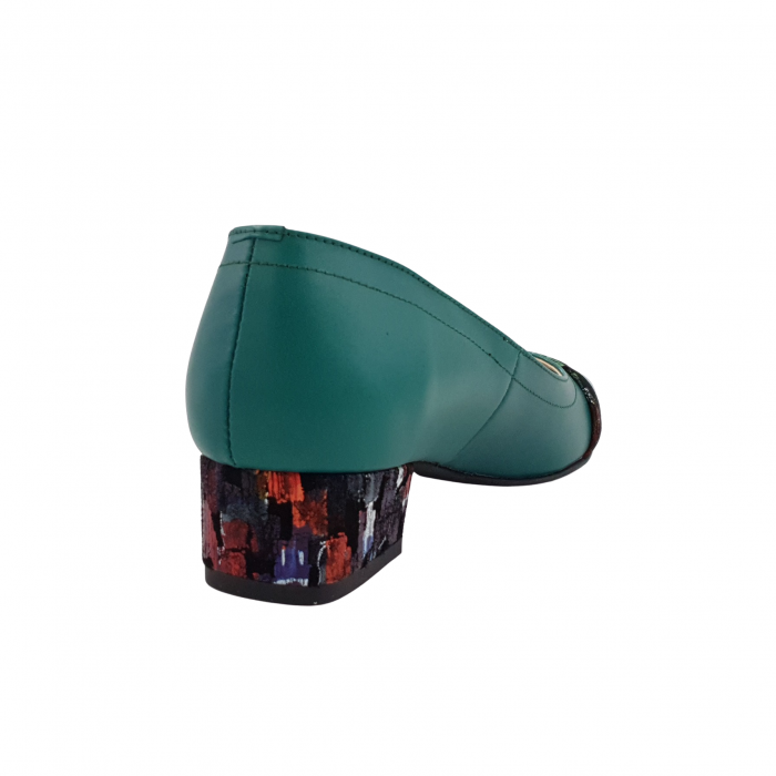 Pantofi damă eleganți, vârf pătrat, piele naturală, toc mic gros îmbrăcat, baretă, verde picasso, Sandali [2]
