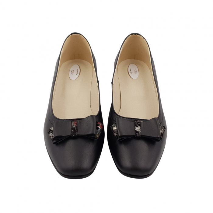 Pantofi damă eleganți, piele naturală, vârf pătrat, toc mic gros îmbrăcat, fundă, negru cu flori, Sandali [2]