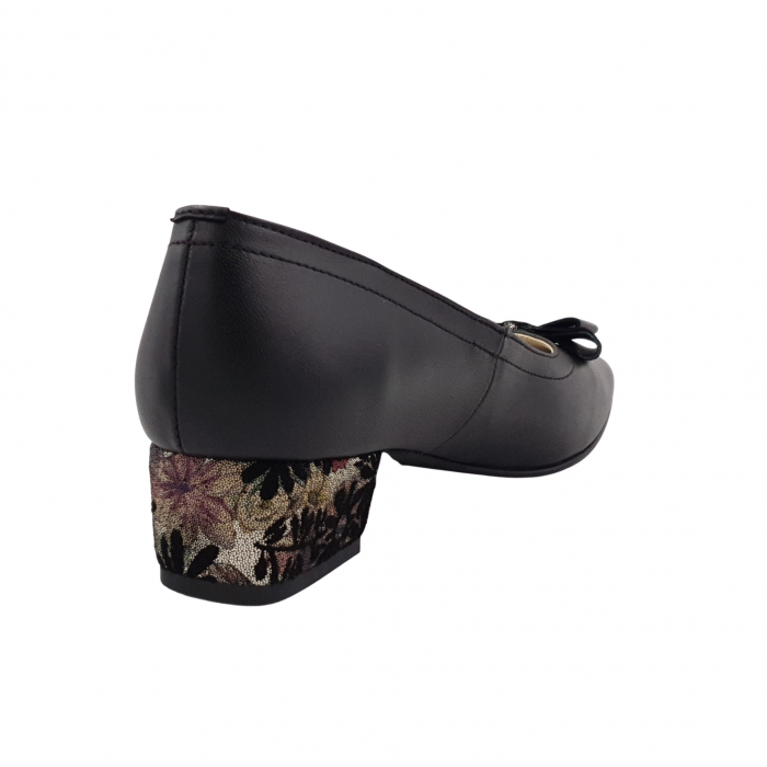 Pantofi damă eleganți, piele naturală, vârf pătrat, toc mic gros îmbrăcat, fundă, negru cu flori, Sandali [3]