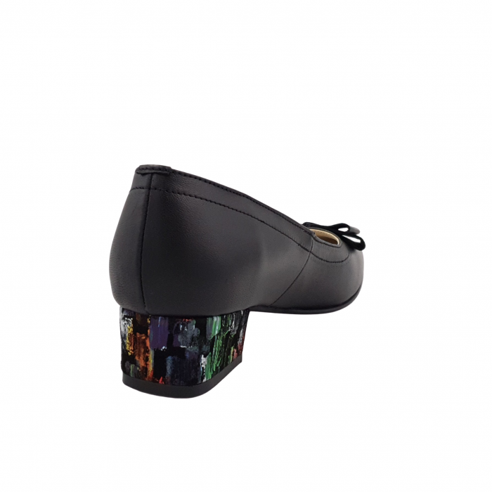 Pantofi damă eleganți, vârf pătrat, piele naturală, toc mic gros îmbrăcat, fundă, picasso, negru, Sandali [2]