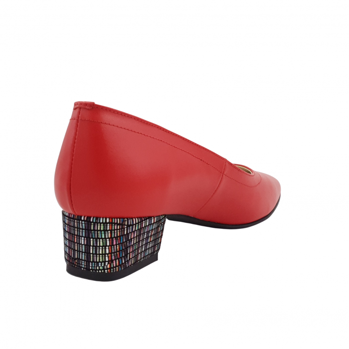Pantofi damă eleganți, vârf pătrat, piele naturală, toc mic gros îmbrăcat, roșu cu linii colorate, Sandali [2]