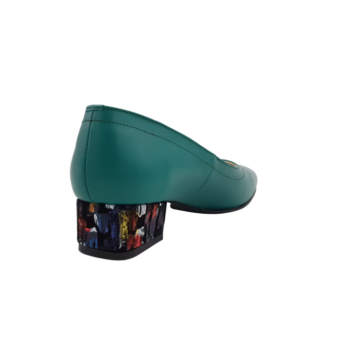 Pantofi damă eleganti, vârf pătrat, piele naturală, toc mic gros îmbrăcat, verde picasso, Sandali [2]