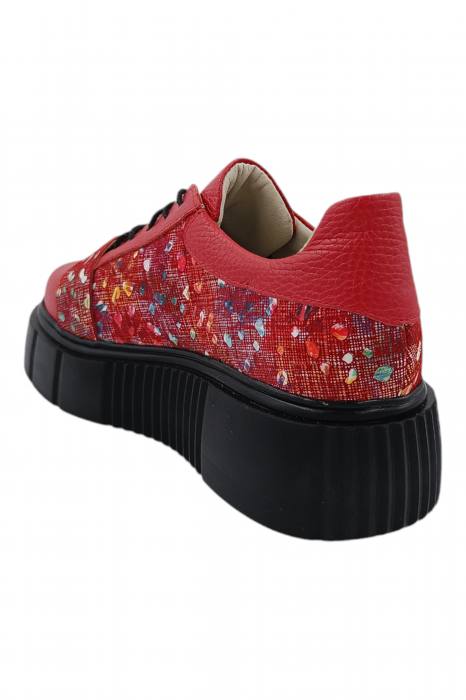 Pantofi damă fara toc, piele naturală bizon cu sireturi talpă înaltă, imprimeu buline colorate, rosu, Sandali [3]