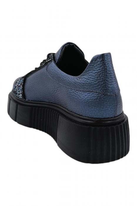 Pantofi damă fara toc, piele naturală bizon cu sireturi talpă înaltă, imprimeu flori albastre, albastru, Sandali [3]