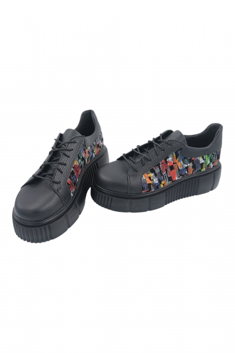 Pantofi damă fara toc, piele naturală bizon cu sireturi talpă înaltă, imprimeu picasso, negru, Sandali [5]