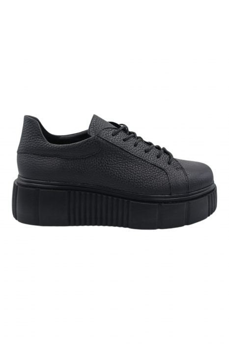 Pantofi damă fara toc, piele naturală bizon cu sireturi talpă înaltă, negru, Sandali [2]