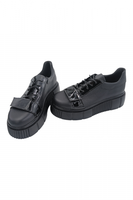 Pantofi damă fara toc, piele naturală bizon cu sireturi talpă înaltă, piele lacuita, negru, Sandali [5]