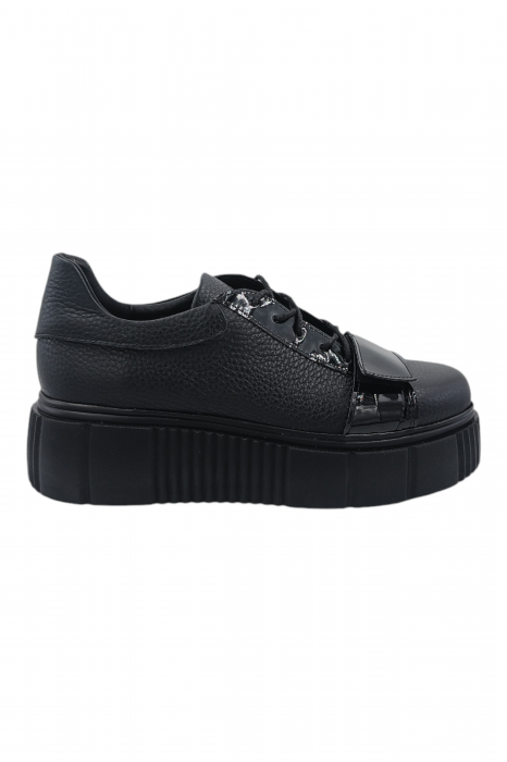 Pantofi damă fara toc, piele naturală bizon cu sireturi talpă înaltă, piele lacuita, negru, Sandali [2]