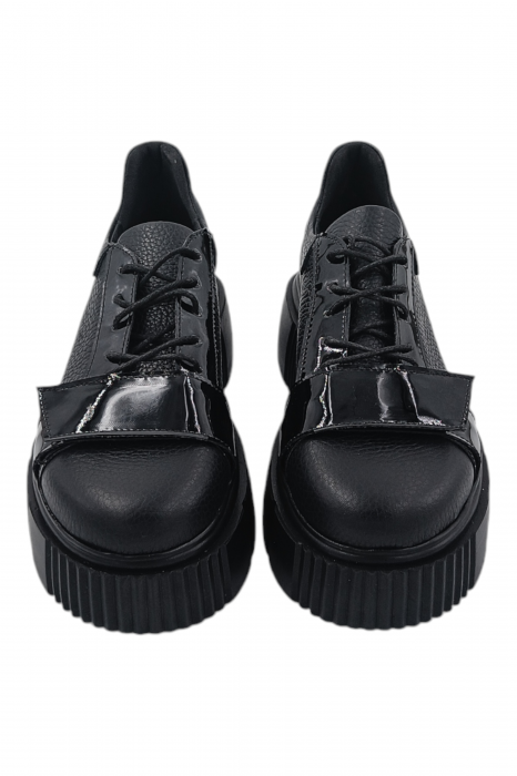 Pantofi damă fara toc, piele naturală bizon cu sireturi talpă înaltă, piele lacuita, negru, Sandali [4]
