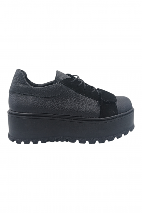 Pantofi damă fara toc, piele naturală bizon cu sireturi talpă înaltă, piele velur, negru [2]