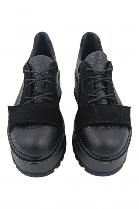 Pantofi damă fara toc, piele naturală bizon cu sireturi talpă înaltă, piele velur, negru [4]
