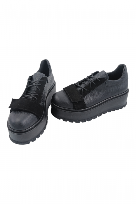 Pantofi damă fara toc, piele naturală bizon cu sireturi talpă înaltă, piele velur, negru [5]