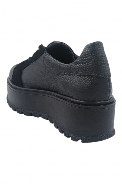 Pantofi damă fara toc, piele naturală bizon cu sireturi talpă înaltă, piele velur, negru [3]