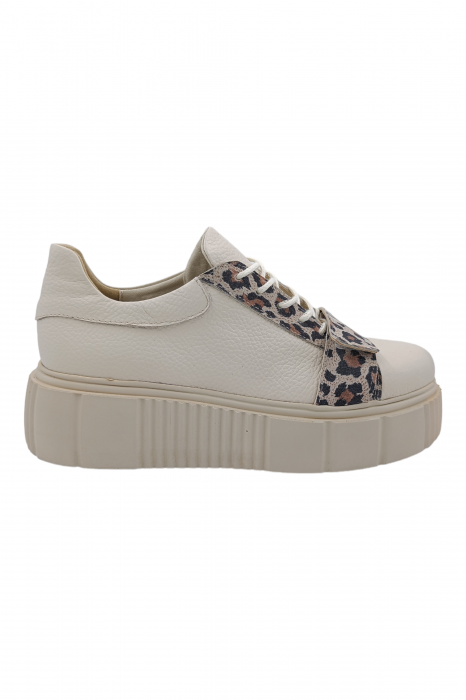Pantofi damă fara toc, piele naturală bizon, talpă înaltă, imprimeu leopard, bej, Sandali [2]