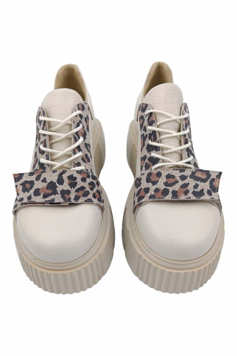 Pantofi damă fara toc, piele naturală bizon, talpă înaltă, imprimeu leopard, bej, Sandali [4]