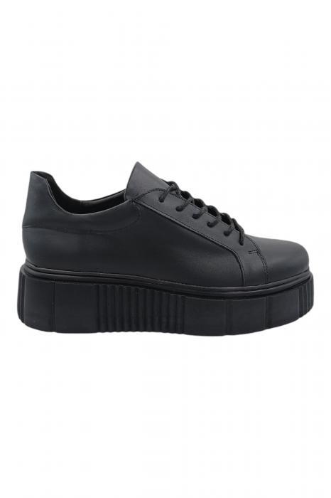 Pantofi damă fara toc, piele naturală box cu sireturi talpă înaltă, negru, Sandali [2]
