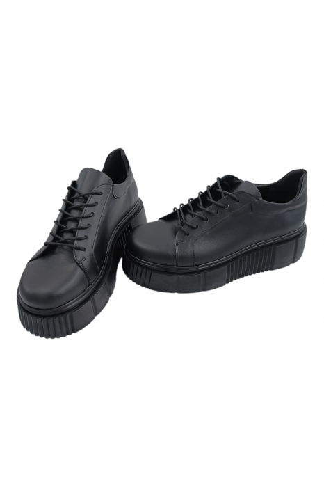 Pantofi damă fara toc, piele naturală box cu sireturi talpă înaltă, negru, Sandali [5]