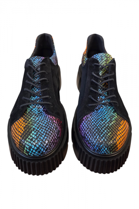 Pantofi damă casual, piele naturală velur cu șireturi talpă înaltă, imprimeu sarpe colorat, negru [4]
