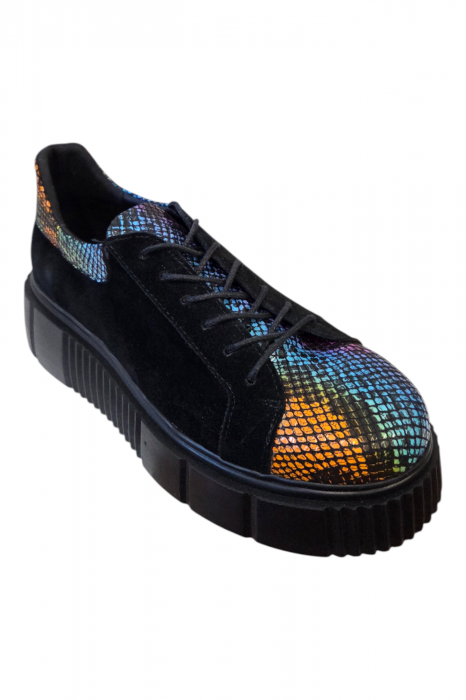 Pantofi damă casual, piele naturală velur cu șireturi talpă înaltă, imprimeu sarpe colorat, negru [2]
