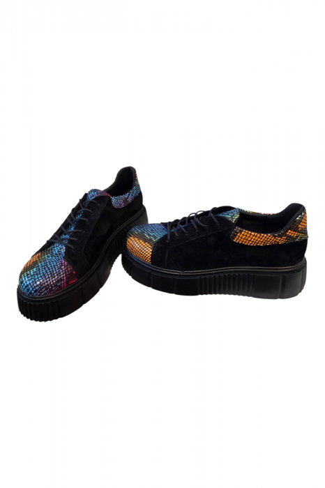 Pantofi damă casual, piele naturală velur cu șireturi talpă înaltă, imprimeu sarpe colorat, negru [5]