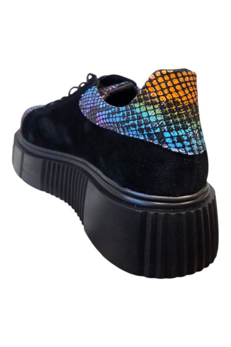 Pantofi damă casual, piele naturală velur cu șireturi talpă înaltă, imprimeu sarpe colorat, negru [3]