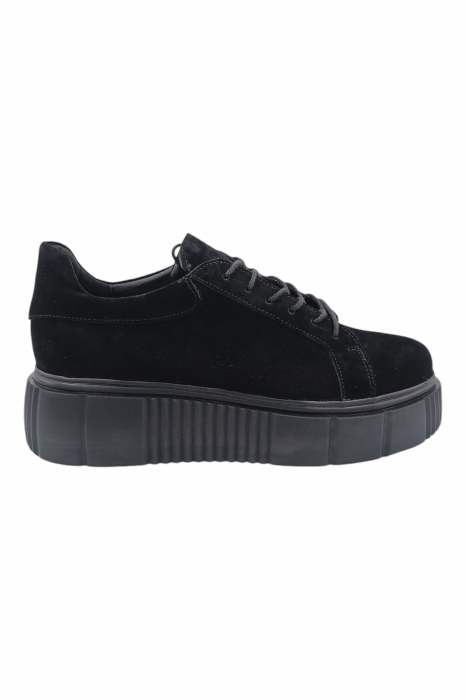 Pantofi damă fara toc, piele naturală velur cu sireturi talpă înaltă, negru, Sandali [2]