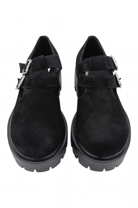 Pantofi damă fara toc, piele naturală velur, talpă cu crampoane, catarame, negru, Sandali [4]