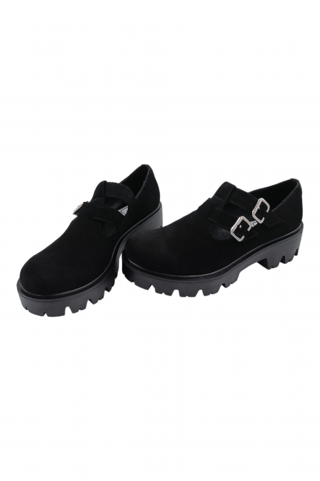 Pantofi damă fara toc, piele naturală velur, talpă cu crampoane, catarame, negru, Sandali [5]