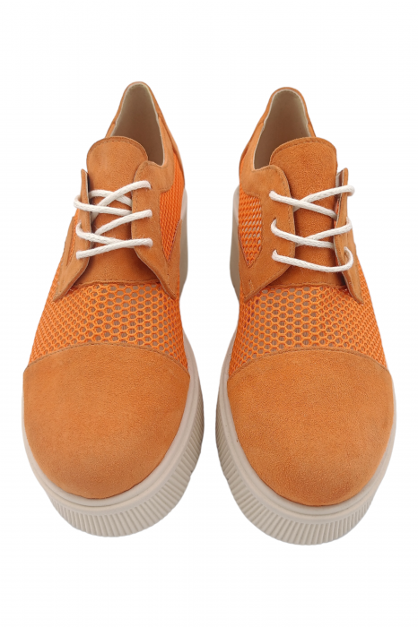 Pantofi damă casual, plasă, piele naturală velur, talpă bej striații, oranj [4]