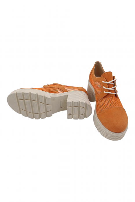 Pantofi damă casual, plasă, piele naturală velur, talpă bej striații, oranj [5]