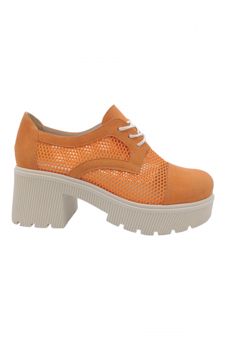 Pantofi damă casual, plasă, piele naturală velur, talpă bej striații, oranj [2]