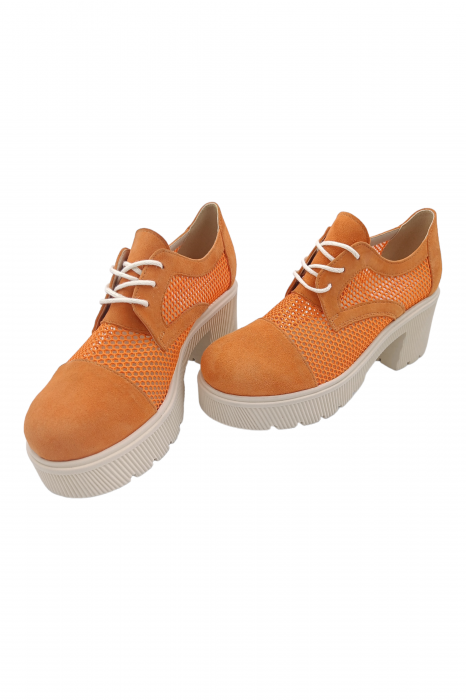 Pantofi damă casual, plasă, piele naturală velur, talpă bej striații, oranj [6]