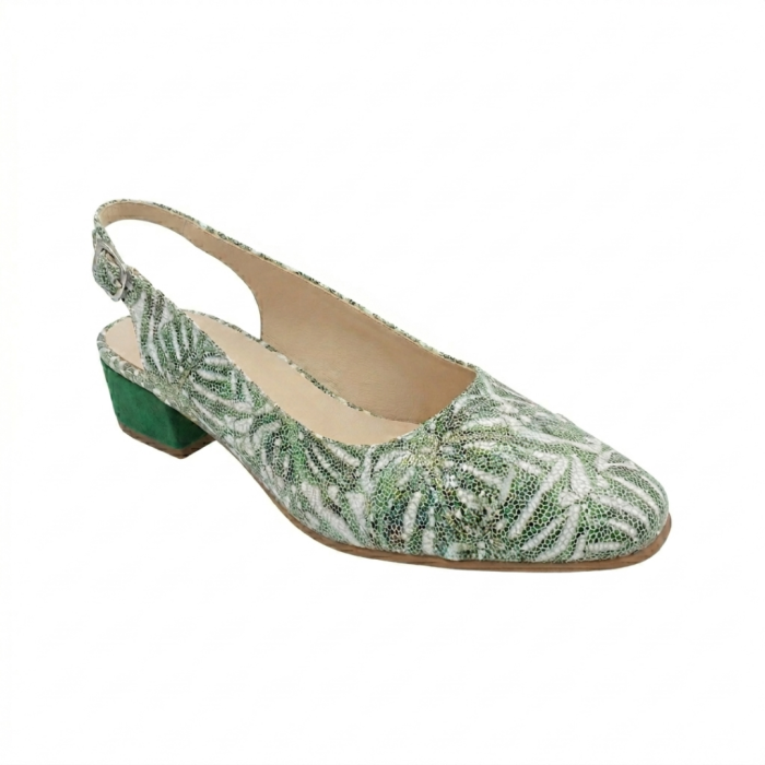 Pantofi Slingback Piele Naturală – Frunze Tropicale – Toc 4 cm Verde [2]
