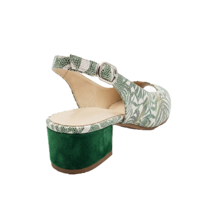 Pantofi Slingback Piele Naturală – Frunze Tropicale – Toc 4 cm Verde [3]