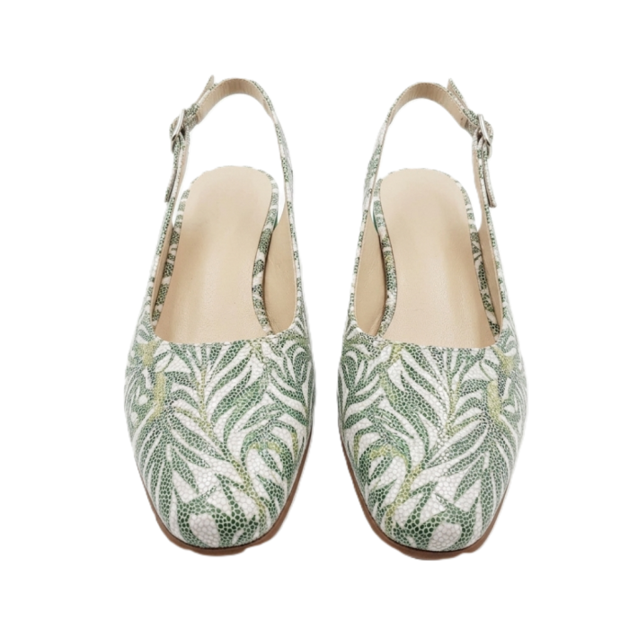 Pantofi Slingback Piele Naturală – Frunze Tropicale – Toc 4 cm Verde [4]