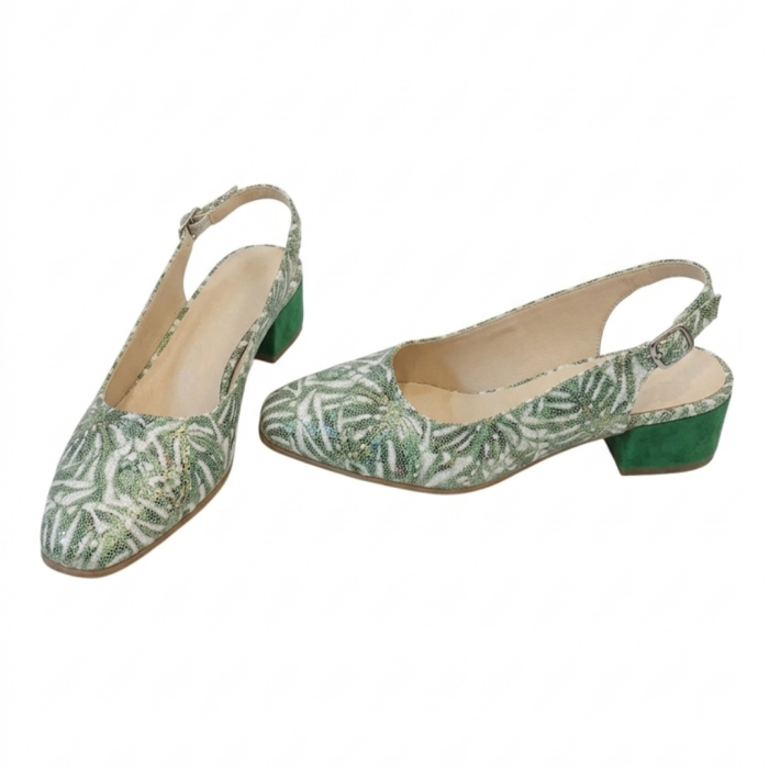 Pantofi Slingback Piele Naturală – Frunze Tropicale – Toc 4 cm Verde [5]