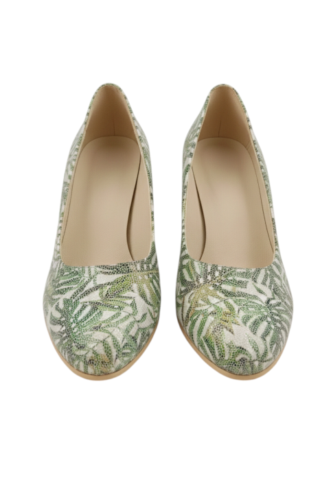 Pantofi damă verzi din piele naturală cu imprimeu frunze exotice, vârf rotund, toc masiv 6 cm [4]