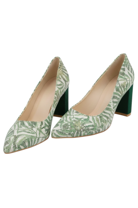 Pantofi damă verzi din piele naturală cu imprimeu frunze exotice, toc masiv 6 cm [5]
