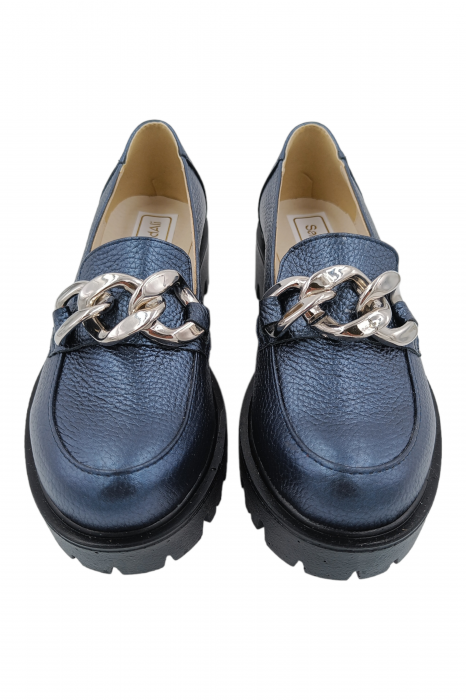 Pantofi mocasini damă, piele naturală bizon, ornament lanț, albastru. SANDALI [4]