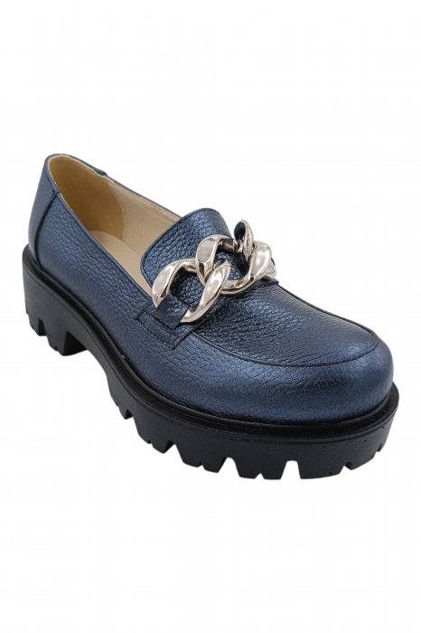 Pantofi mocasini damă, piele naturală bizon, ornament lanț, albastru. SANDALI [2]