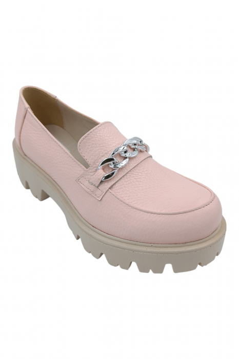 Pantofi mocasini damă, piele naturală bizon, ornament lanț, bej-roz. SANDALI [2]