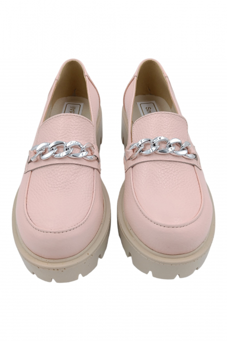 Pantofi mocasini damă, piele naturală bizon, ornament lanț, bej-roz. SANDALI [4]