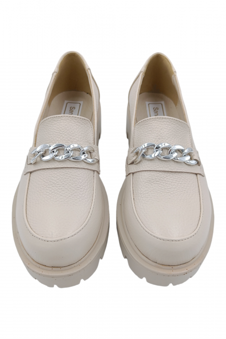 Pantofi mocasini damă, piele naturală bizon, ornament lanț, bej. SANDALI [4]